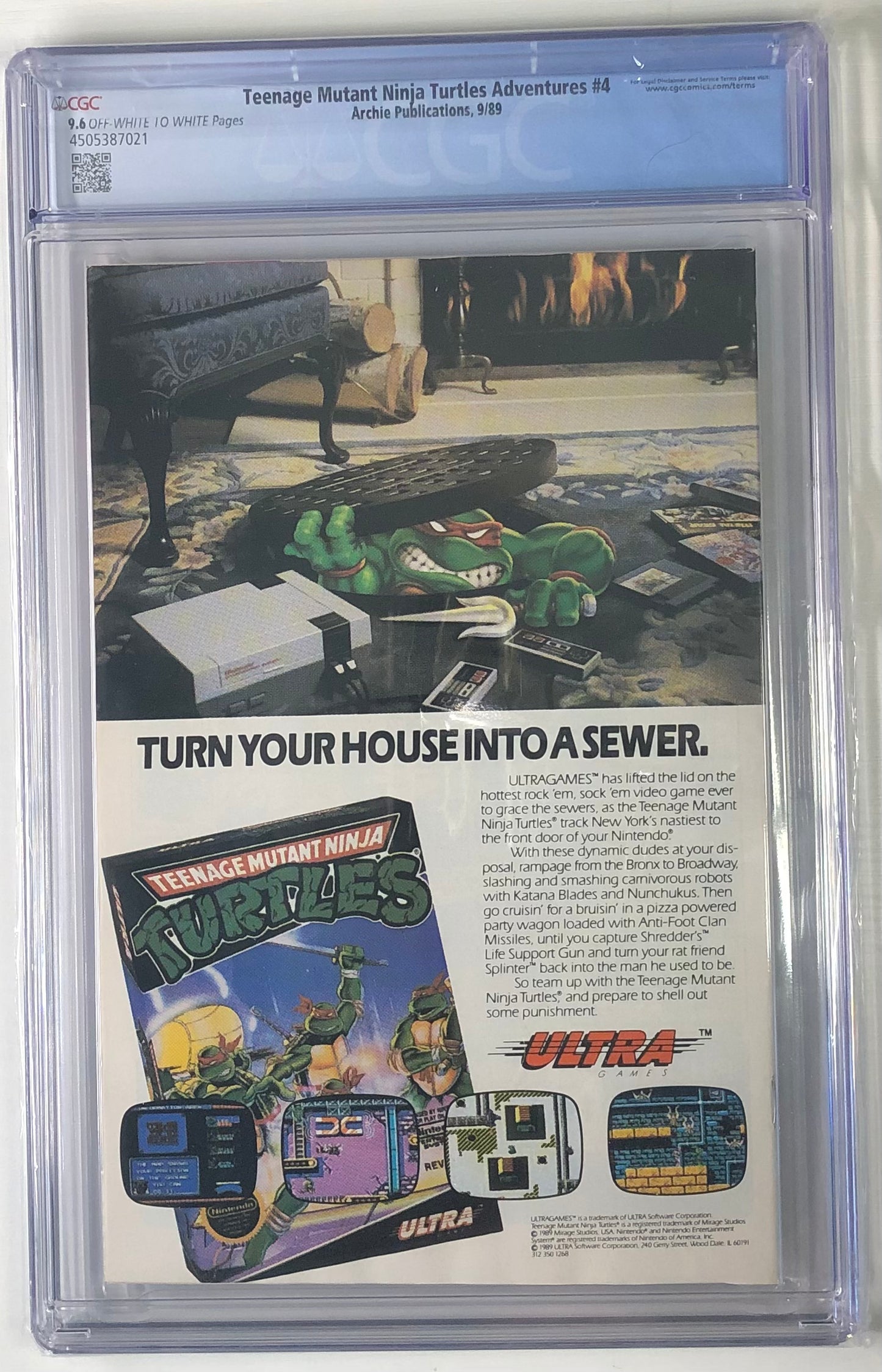 Comic book cover of Teenage Mutant Ninja Turtles Adventures with CGC grading label back
