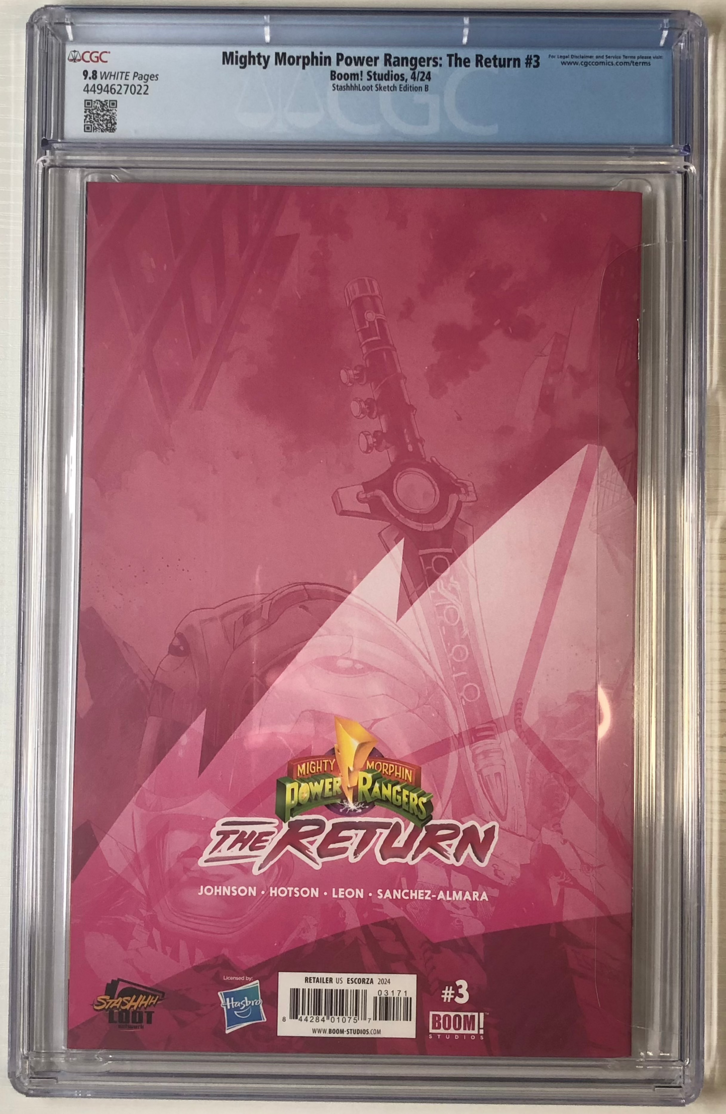 Mighty Morphin Power Rangers: The Return #3 CGC 9.8 Stashhhloot Sketch Edition B3 graded comic book slab back
