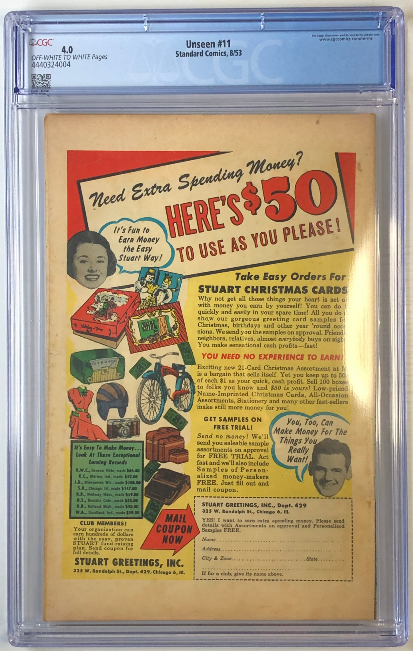 Unseen #11 - CGC 4.0 graded comic book Golden age collectible slab Back