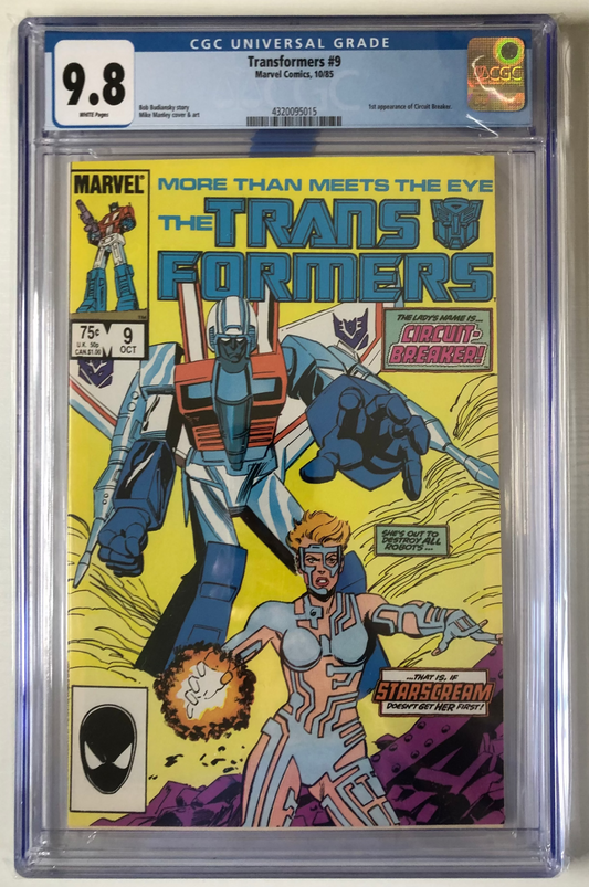 Comic book cover of 'The Transformers' with CGC grading label on a white background First Appearance